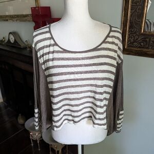 Pete & Greta Women's XS Loose Linen Striped Oversized Cropped T-shirt Taupe 108